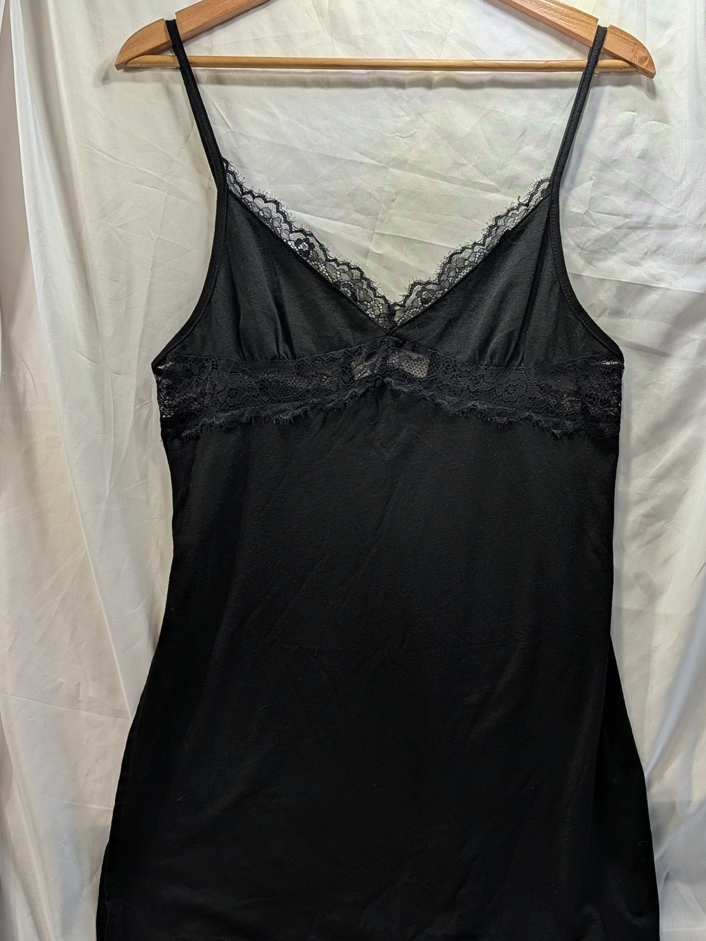 Ladies Black lace trim Cotton cami top with adjustable straps and Side Slit S/M